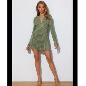 Hello Molly Horizons Meet Plisse Mini Dress Long Sleeve Sage Green Women's Small